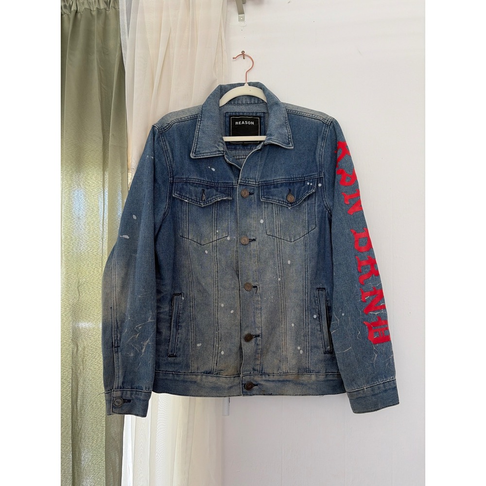 Reason Denim Jacket Mens Medium Blue Paint Splatter Graphic Streetwear Flaw